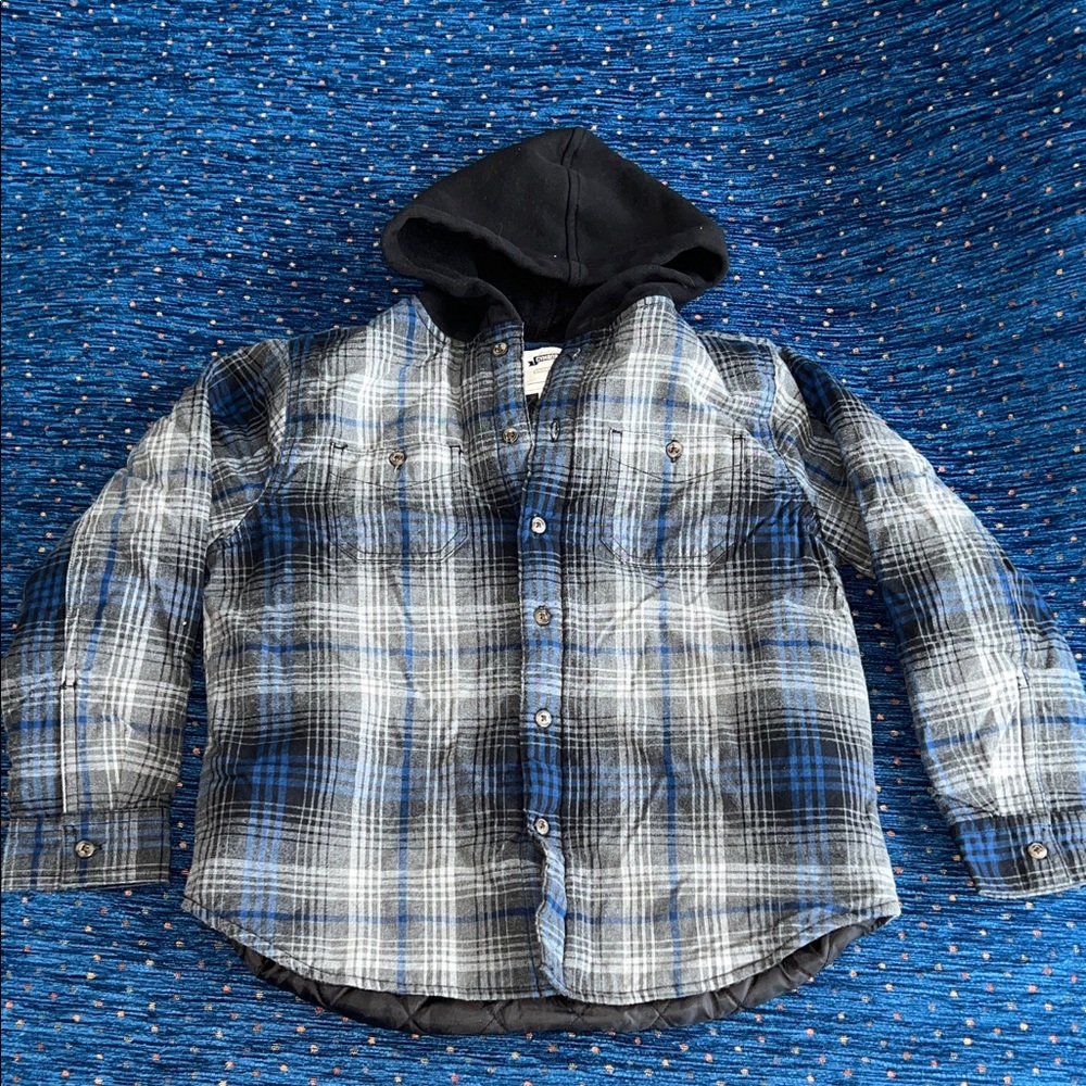 Gymboree Blue and Black Plaid Hooded quilted work jacket size 7–8 “shacket”